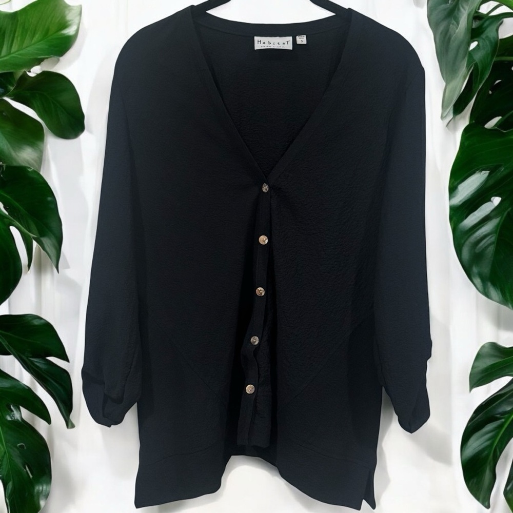 Habitat Black Lagenlook Three Fourth‎ Quarter Sleeve Tunic Blouse Size S